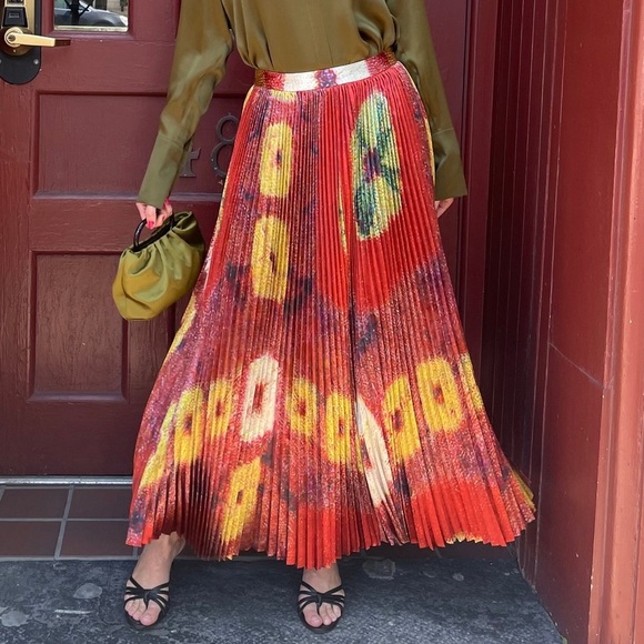 NWT Ulla Johnson Rami Satin Pleated Accordion A Line Midi Maxi Skirt Sunsprite